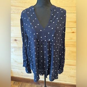 Loft Womens Navy Blue White Embroidered Bell Long Sleeve Blouse Size Medium